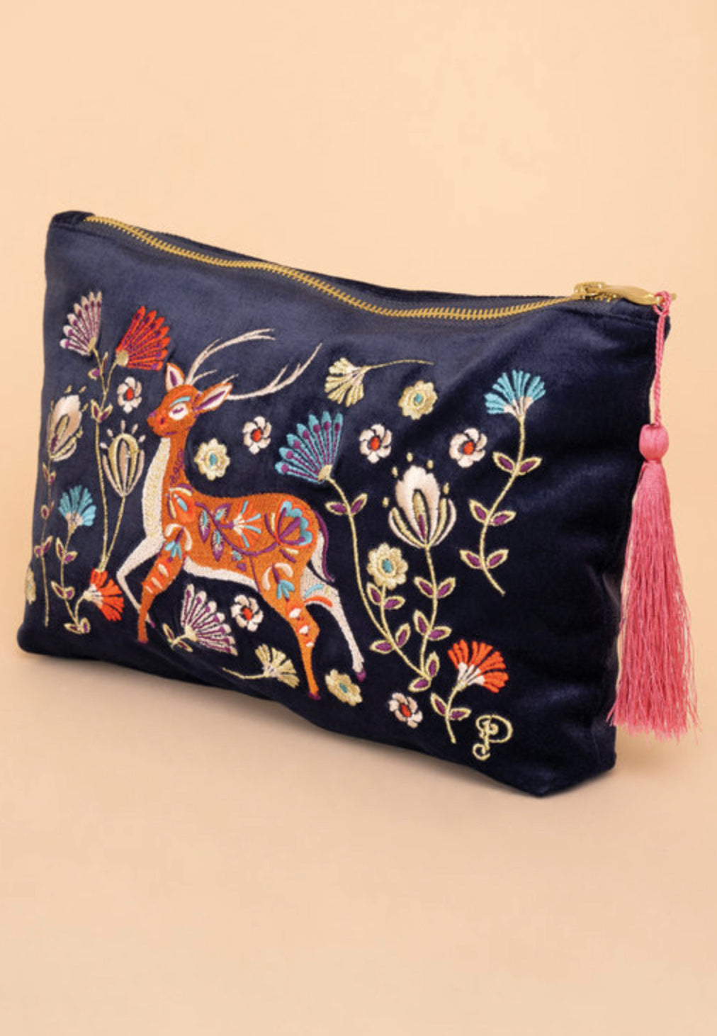 Embroidered Velvet Zip Pouch