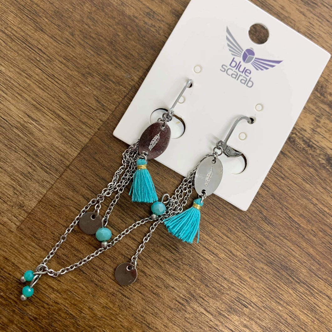 Silver Chain Long earring with mini teal tassle*